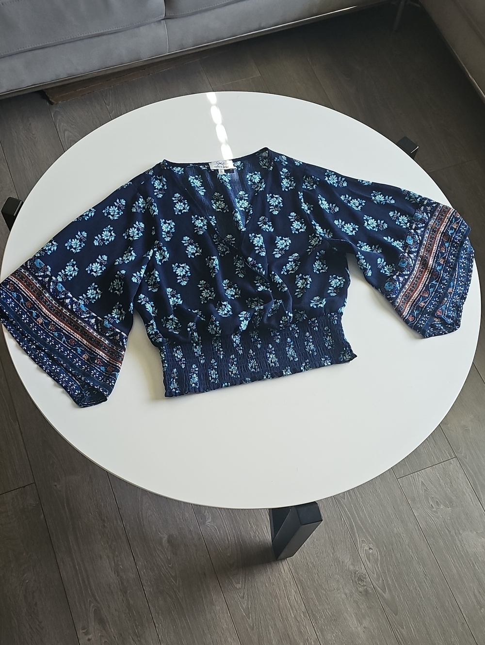 Twine And String Navy Floral Smocked-Waist Crop Top with Bell Sleeves